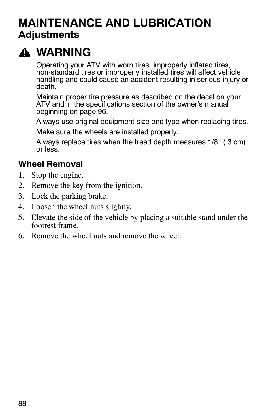 Maintenance and lubrication, Warning, Adjustments | Polaris 2006 ATV Phoenix 200 User Manual | Page 91 / 114