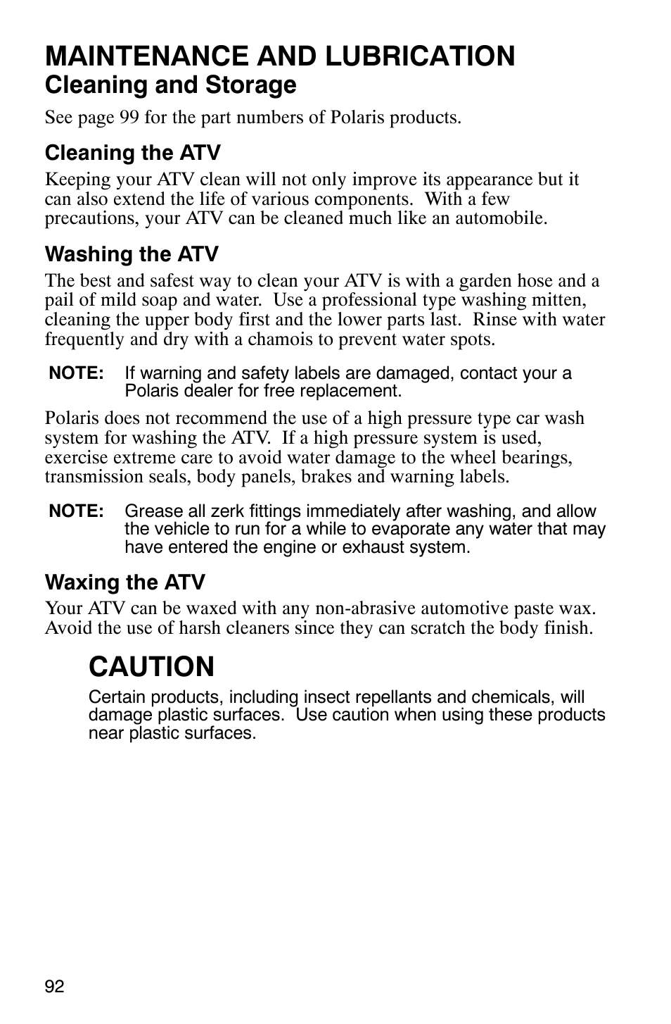 Maintenance and lubrication, Caution, Cleaning and storage | Polaris 2006 ATV Phoenix 200 User Manual | Page 95 / 114