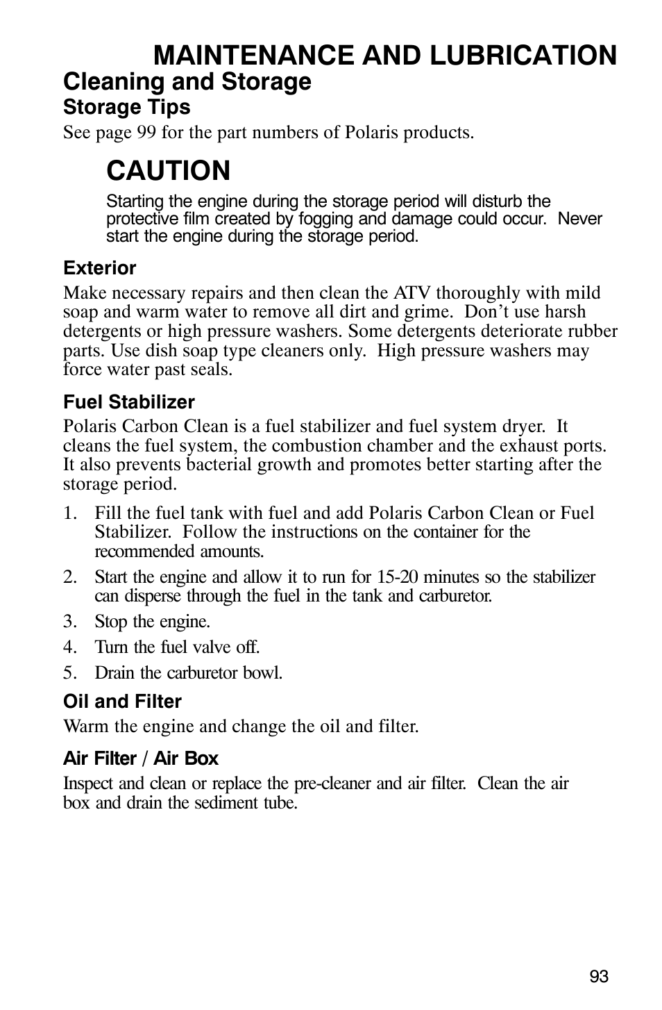 Maintenance and lubrication, Caution, Cleaning and storage | Polaris 2006 ATV Phoenix 200 User Manual | Page 96 / 114