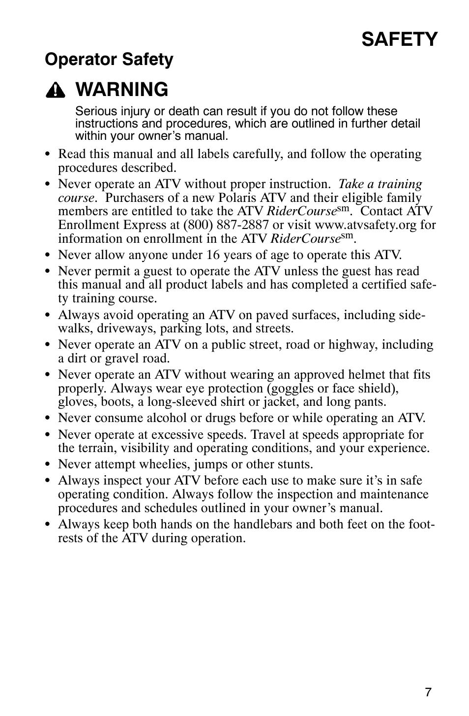 Safety, Warning, Operator safety | Polaris 2007 ATV Sawtooth User Manual | Page 10 / 122