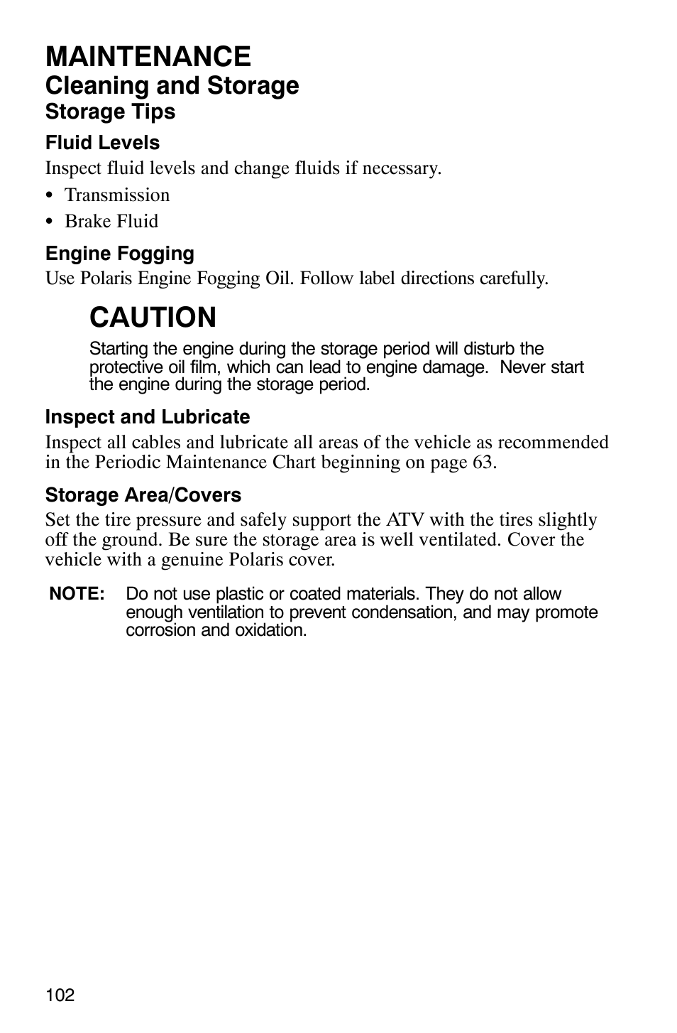Maintenance, Caution, Cleaning and storage | Polaris 2007 ATV Sawtooth User Manual | Page 105 / 122