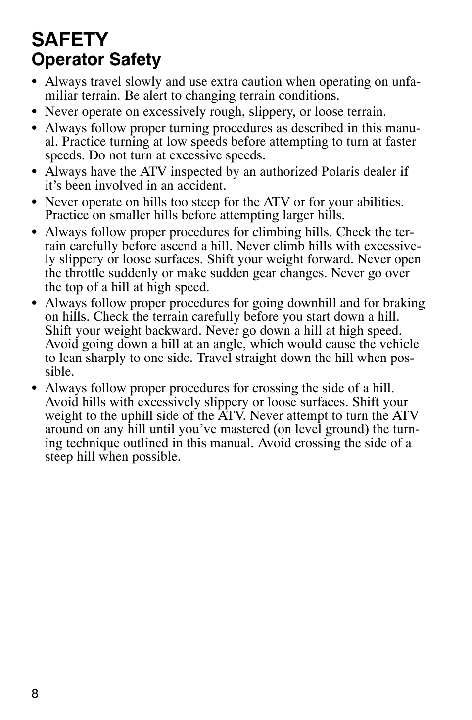 Safety, Operator safety | Polaris 2007 ATV Sawtooth User Manual | Page 11 / 122