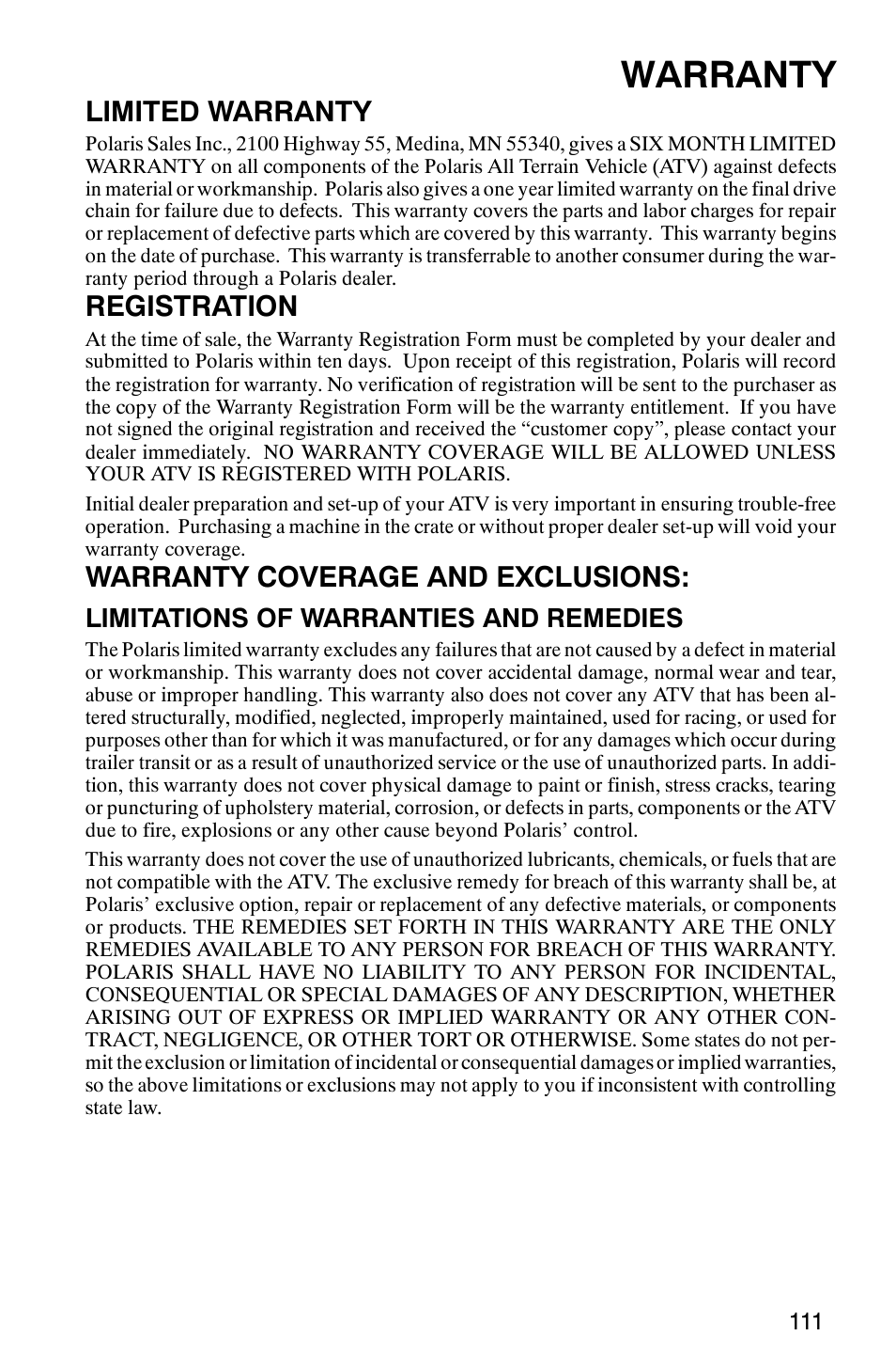 Warranty, Limited warranty, Registration | Warranty coverage and exclusions, Limitations of warranties and remedies | Polaris 2007 ATV Sawtooth User Manual | Page 114 / 122