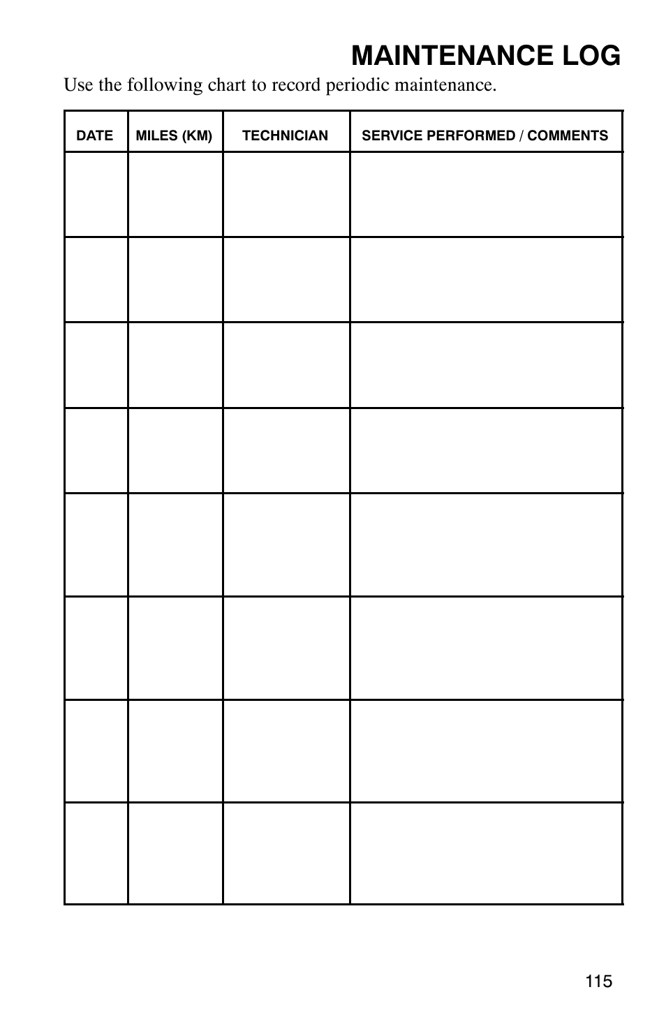 Maintenance log | Polaris 2007 ATV Sawtooth User Manual | Page 118 / 122