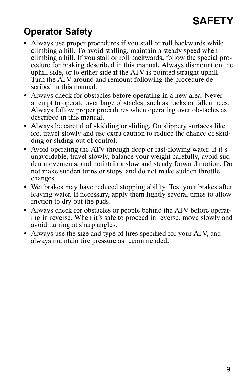 Safety, Operator safety | Polaris 2007 ATV Sawtooth User Manual | Page 12 / 122