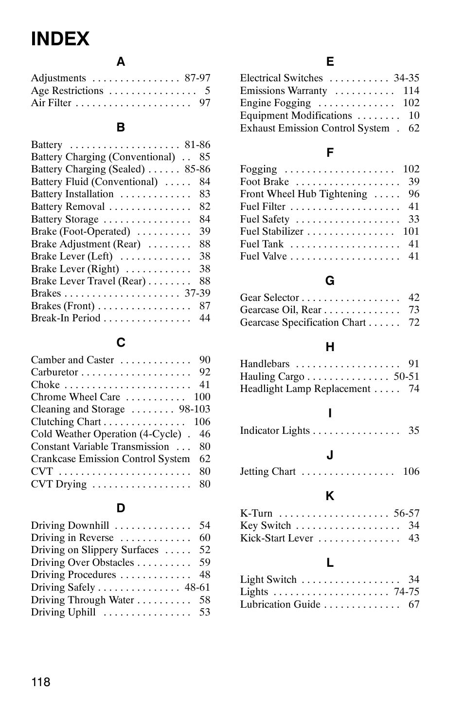 Index | Polaris 2007 ATV Sawtooth User Manual | Page 121 / 122
