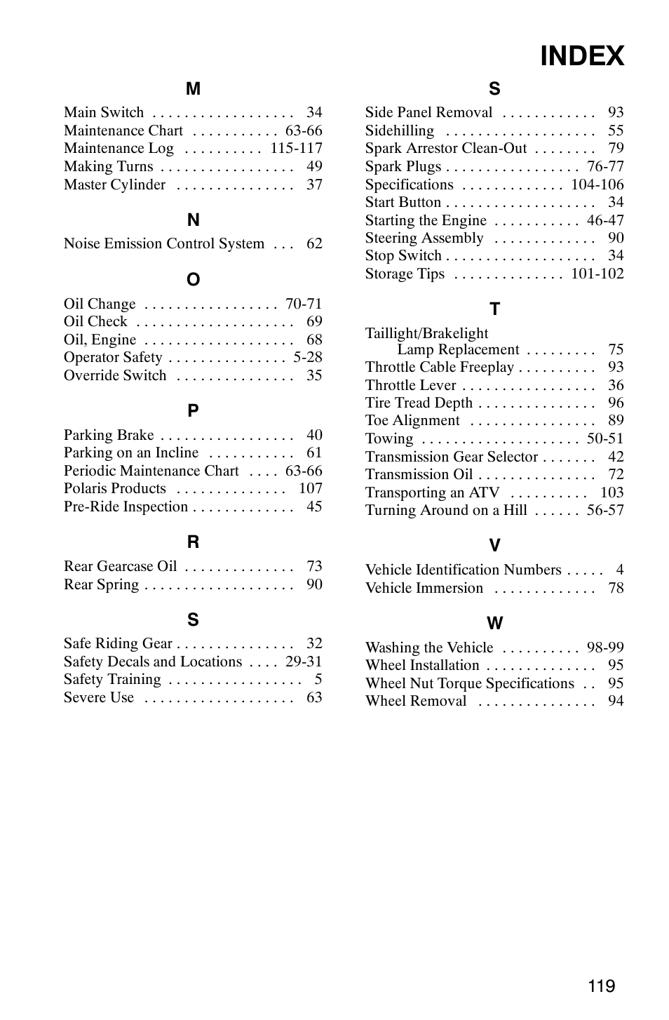 Index | Polaris 2007 ATV Sawtooth User Manual | Page 122 / 122