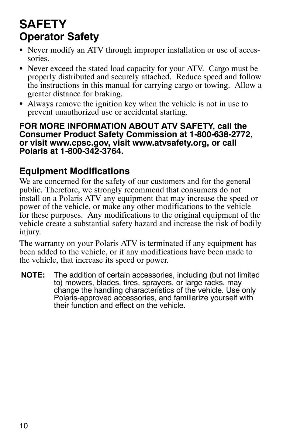 Safety, Operator safety | Polaris 2007 ATV Sawtooth User Manual | Page 13 / 122
