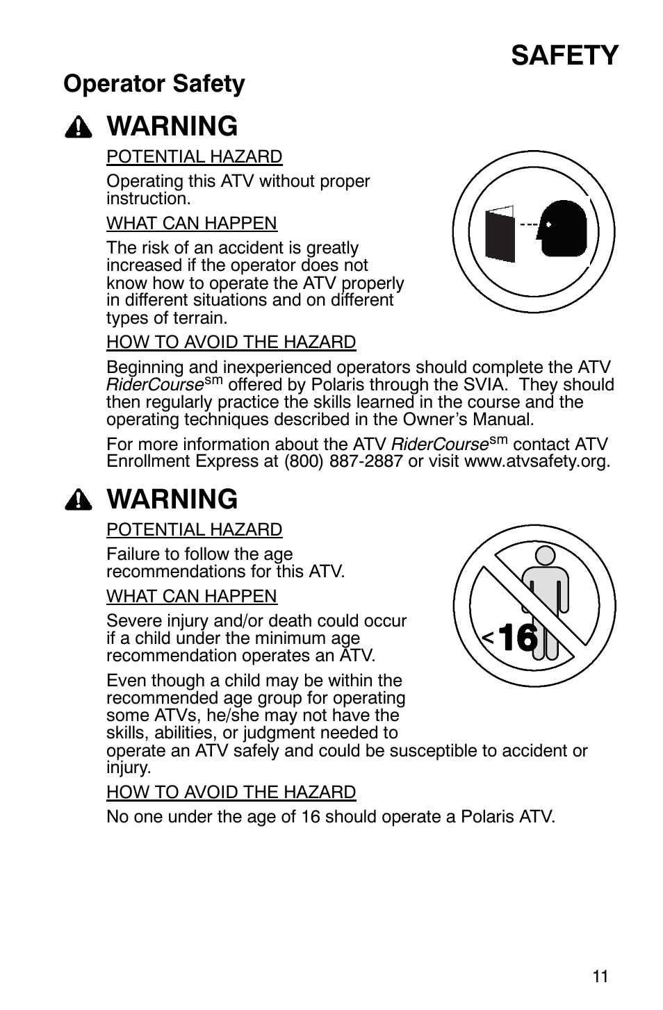 Safety, Warning, Operator safety | Polaris 2007 ATV Sawtooth User Manual | Page 14 / 122