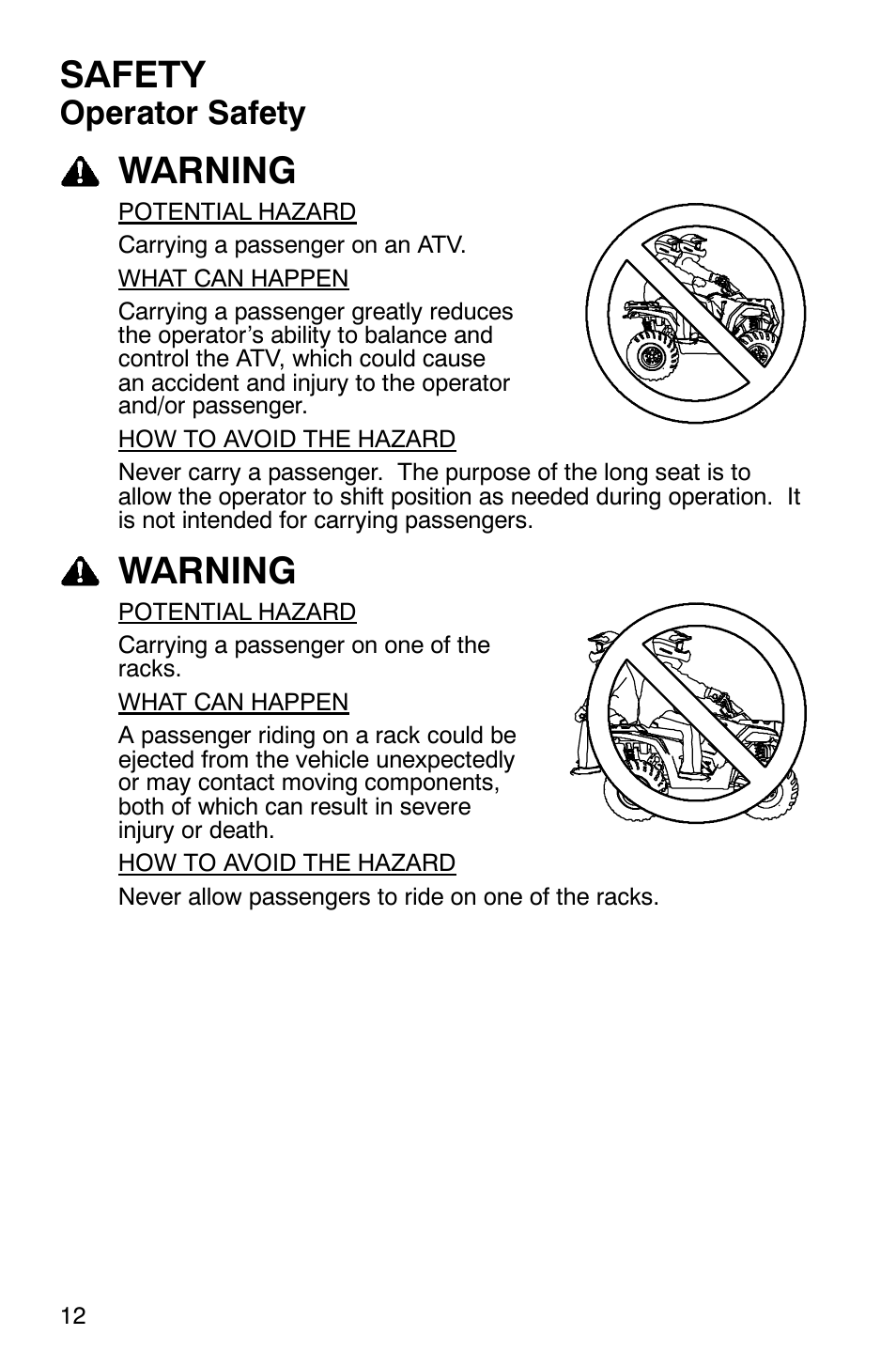 Safety, Warning, Operator safety | Polaris 2007 ATV Sawtooth User Manual | Page 15 / 122