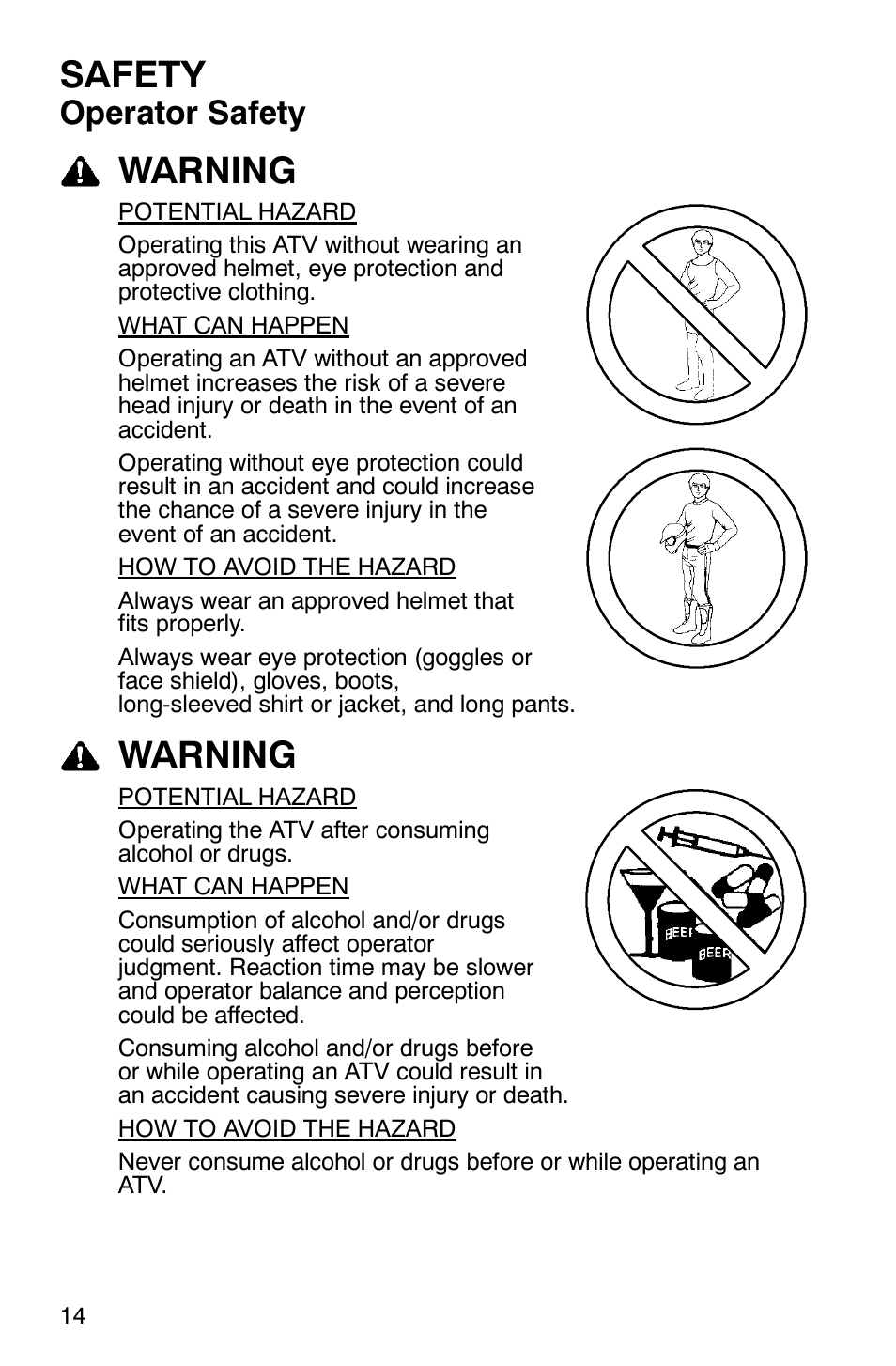 Safety, Warning, Operator safety | Polaris 2007 ATV Sawtooth User Manual | Page 17 / 122