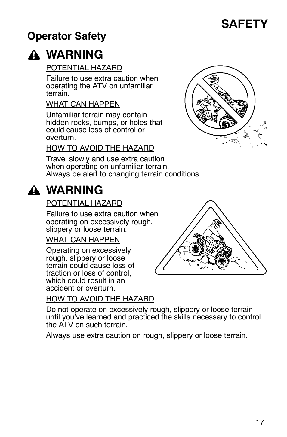 Safety, Warning, Operator safety | Polaris 2007 ATV Sawtooth User Manual | Page 20 / 122
