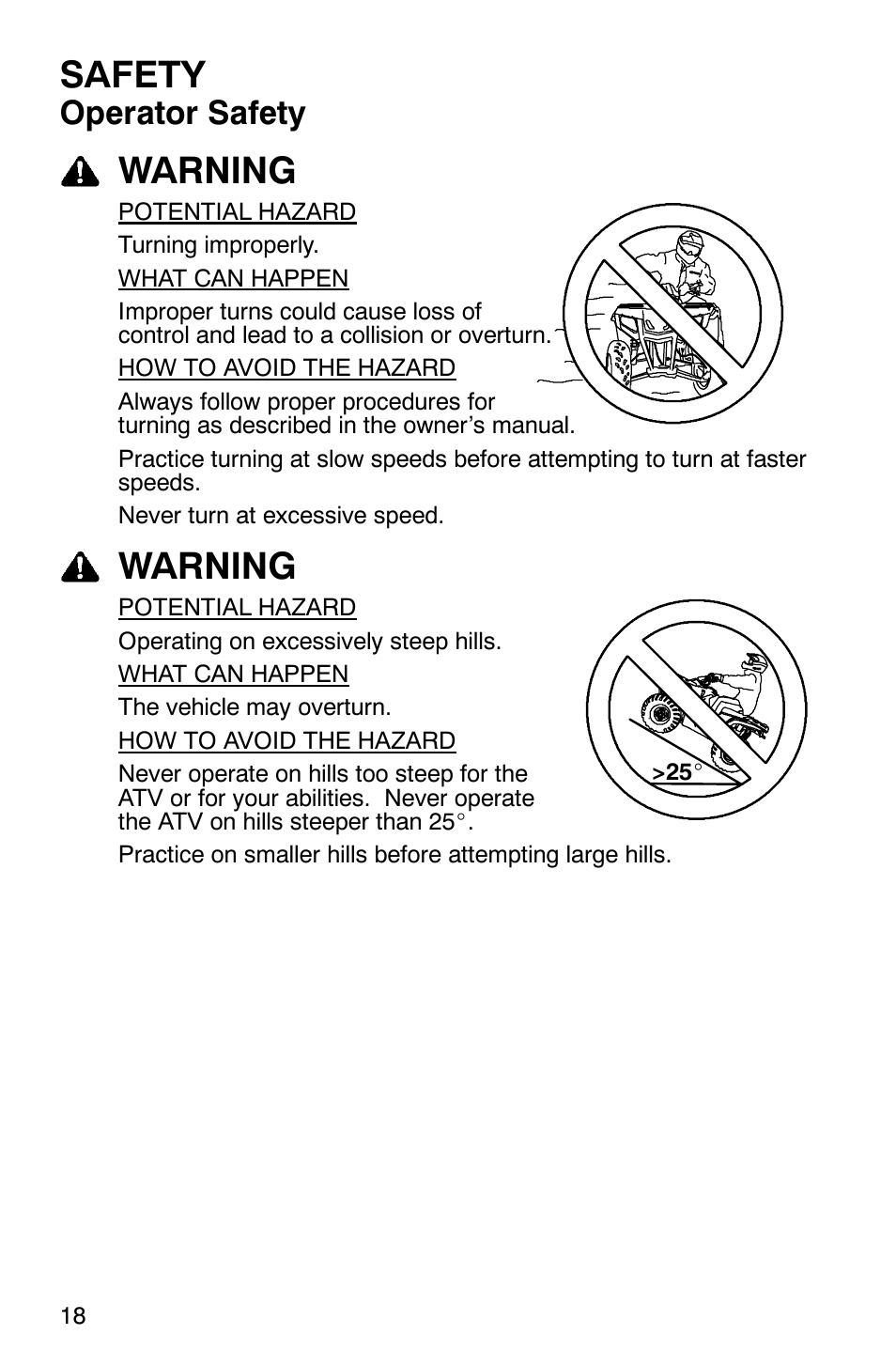 Safety, Warning, Operator safety | Polaris 2007 ATV Sawtooth User Manual | Page 21 / 122