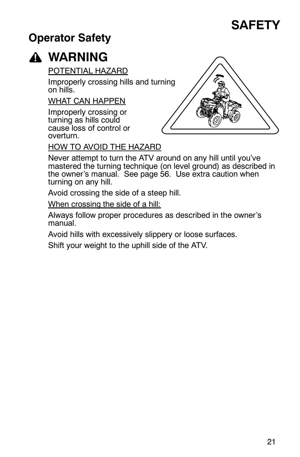 Safety, Warning, Operator safety | Polaris 2007 ATV Sawtooth User Manual | Page 24 / 122