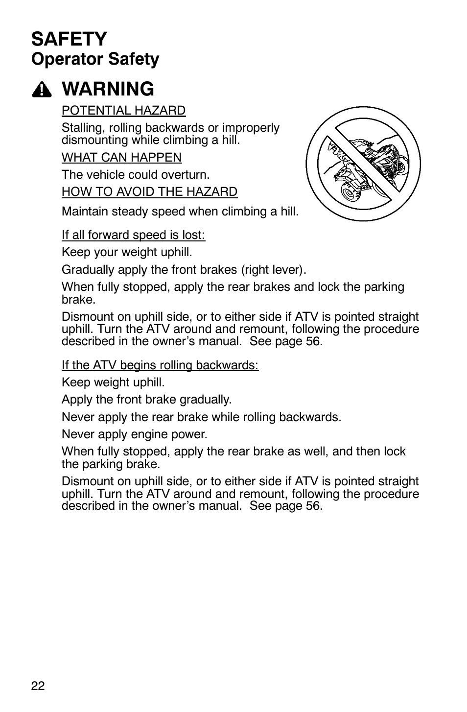 Safety, Warning, Operator safety | Polaris 2007 ATV Sawtooth User Manual | Page 25 / 122
