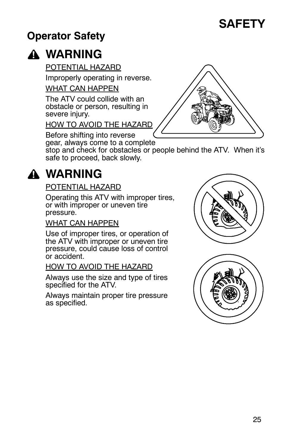 Safety, Warning, Operator safety | Polaris 2007 ATV Sawtooth User Manual | Page 28 / 122