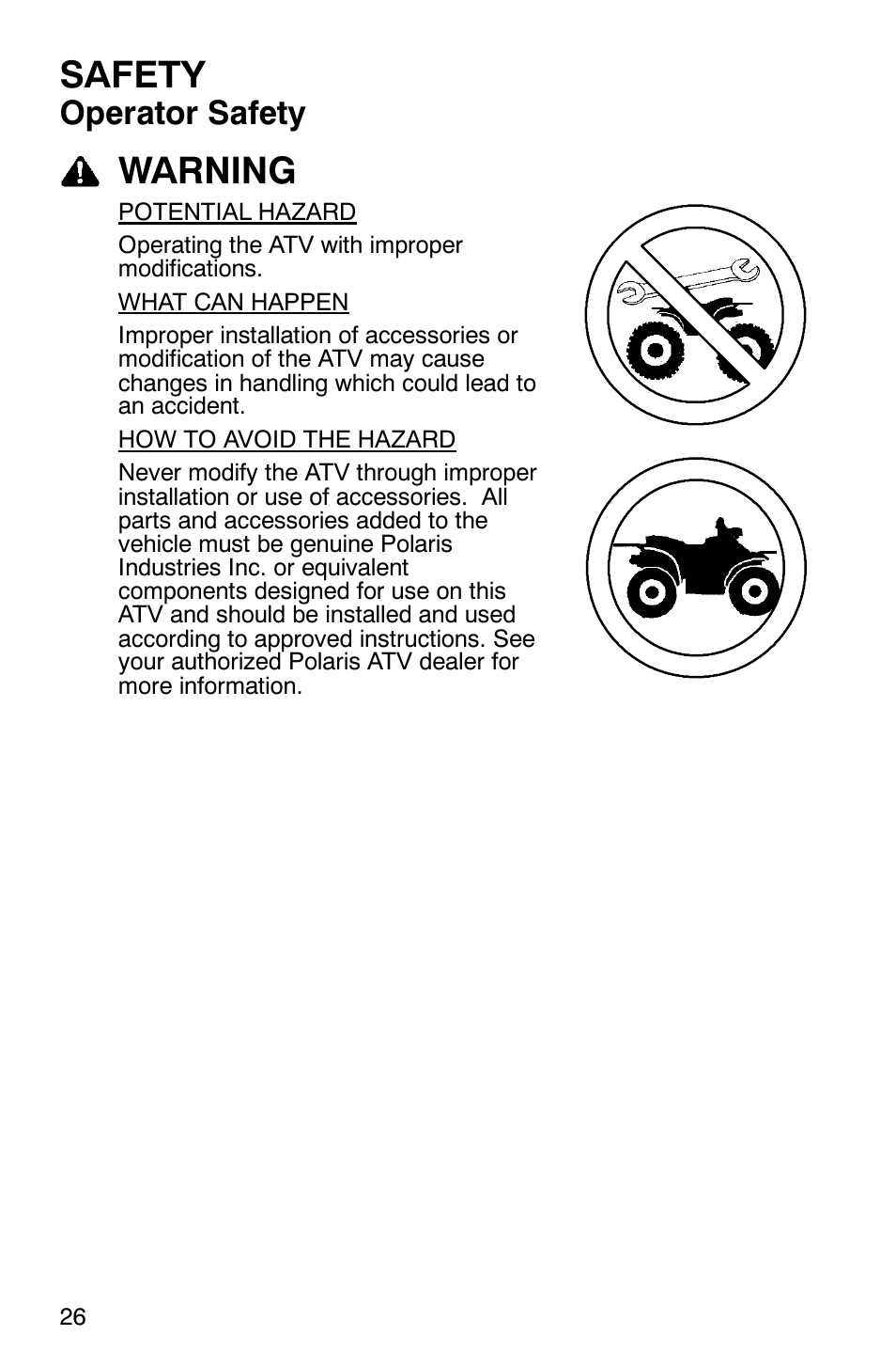 Safety, Warning, Operator safety | Polaris 2007 ATV Sawtooth User Manual | Page 29 / 122