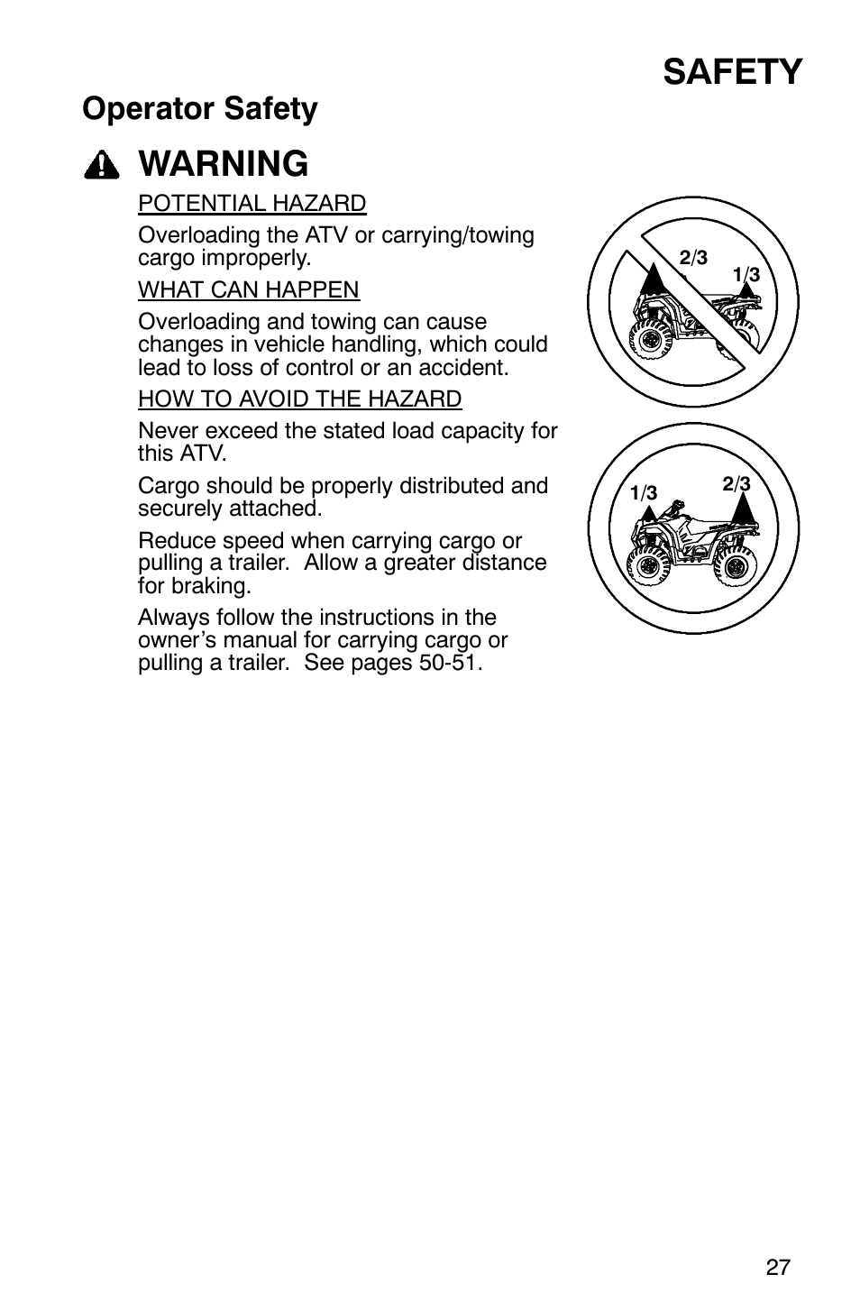 Safety, Warning, Operator safety | Polaris 2007 ATV Sawtooth User Manual | Page 30 / 122