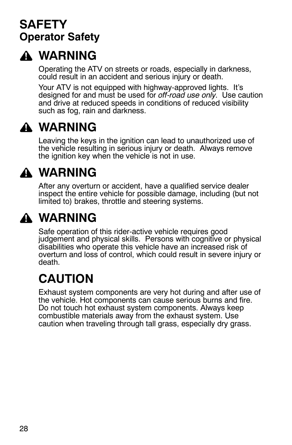Safety, Warning, Caution | Operator safety | Polaris 2007 ATV Sawtooth User Manual | Page 31 / 122
