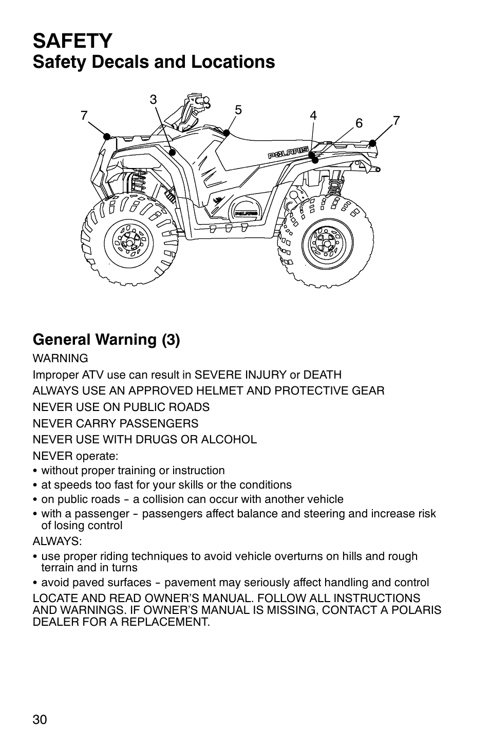 Safety, Safety decals and locations, General warning (3) | Polaris 2007 ATV Sawtooth User Manual | Page 33 / 122