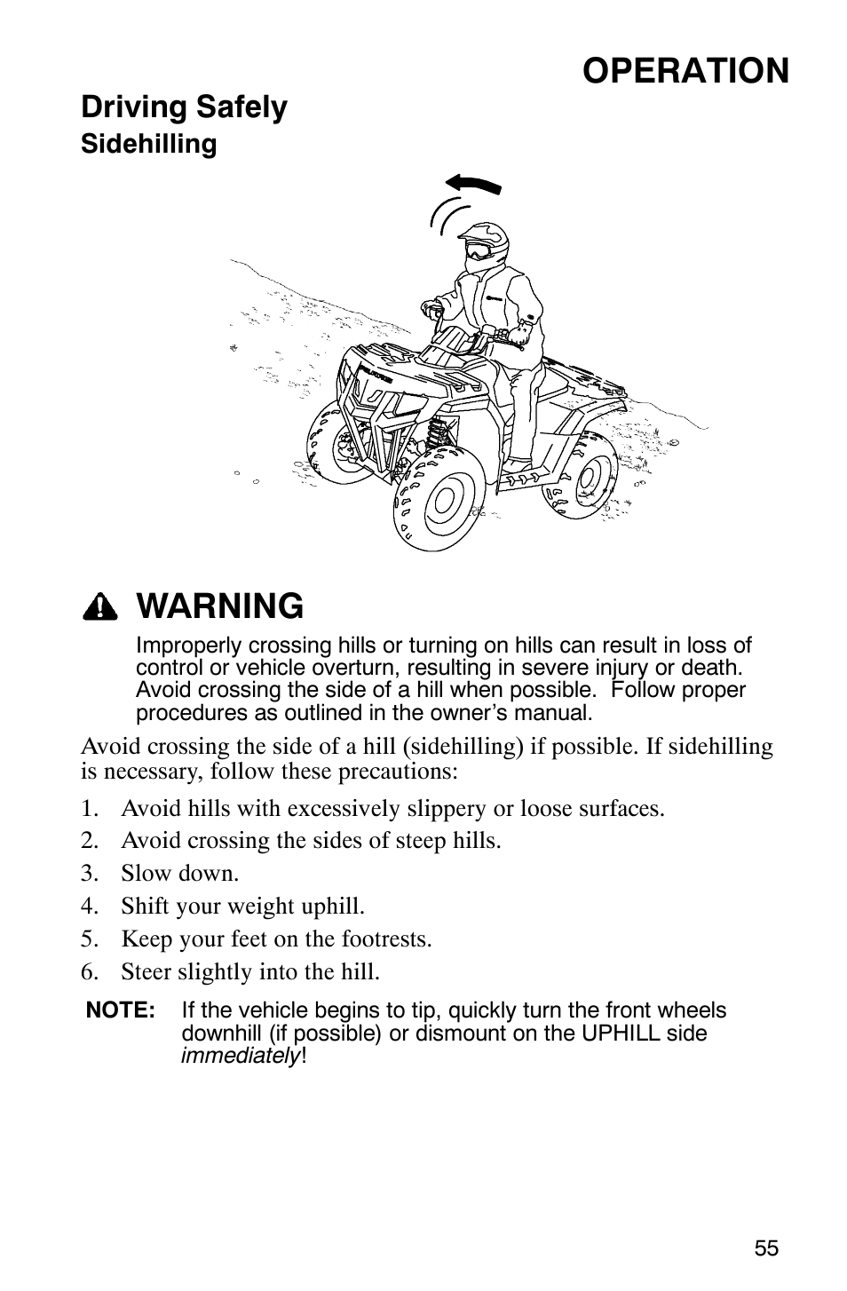 Operation, Warning, Driving safely | Polaris 2007 ATV Sawtooth User Manual | Page 58 / 122