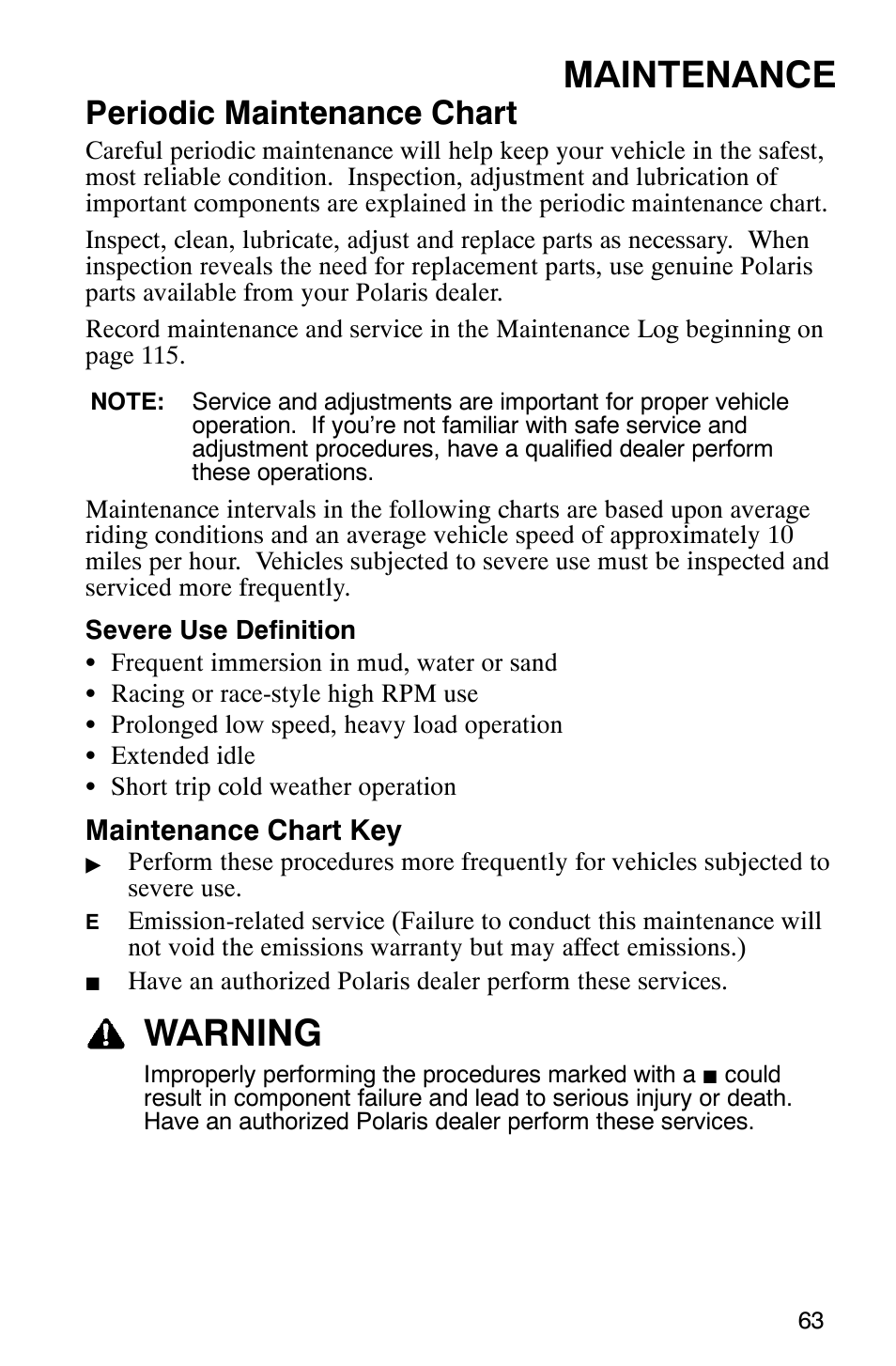 Maintenance, Warning, Periodic maintenance chart | Polaris 2007 ATV Sawtooth User Manual | Page 66 / 122