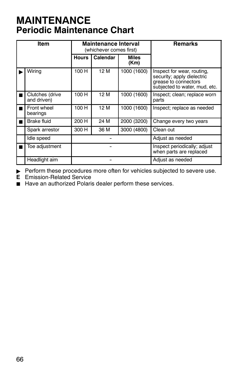 Maintenance, Periodic maintenance chart | Polaris 2007 ATV Sawtooth User Manual | Page 69 / 122