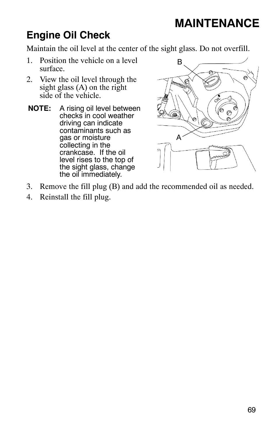 Maintenance, Engine oil check | Polaris 2007 ATV Sawtooth User Manual | Page 72 / 122