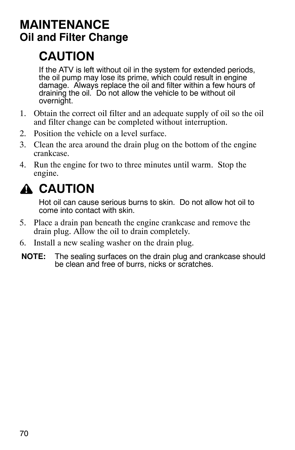 Maintenance, Caution, Oil and filter change | Polaris 2007 ATV Sawtooth User Manual | Page 73 / 122