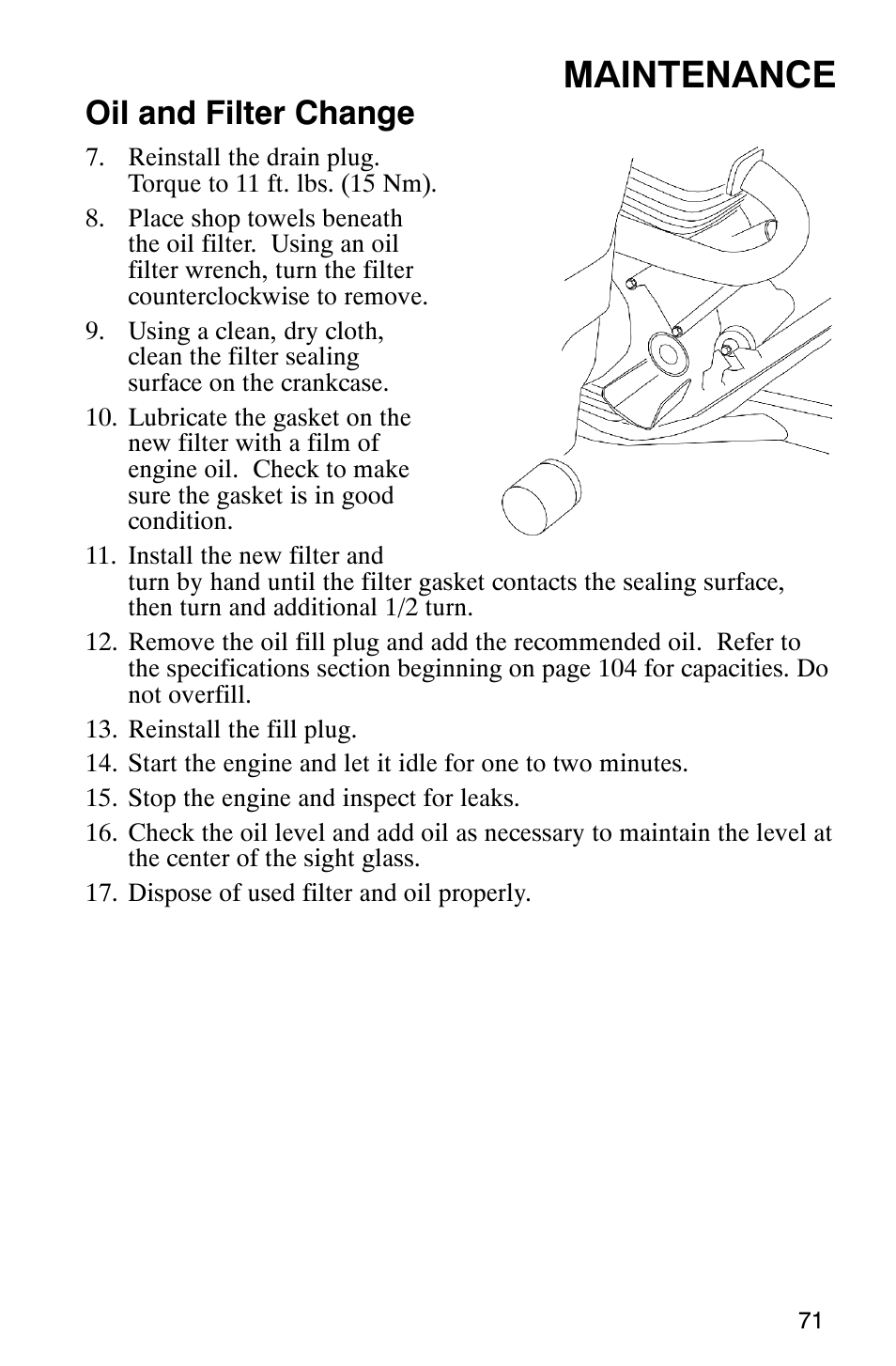 Maintenance, Oil and filter change | Polaris 2007 ATV Sawtooth User Manual | Page 74 / 122