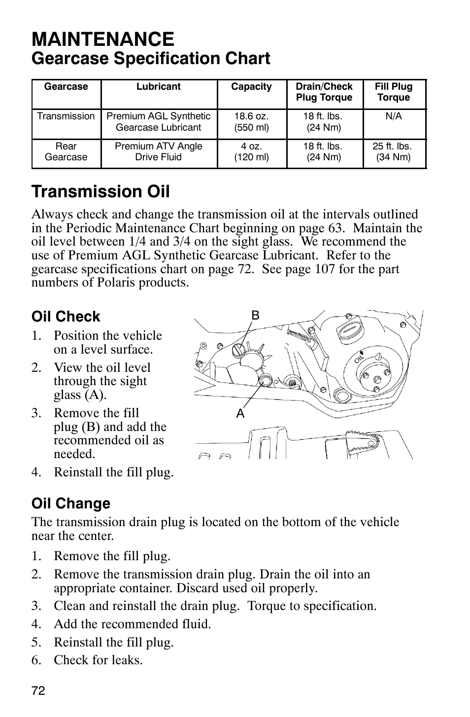Maintenance, Gearcase specification chart, Transmission oil | Oil check, Oil change | Polaris 2007 ATV Sawtooth User Manual | Page 75 / 122
