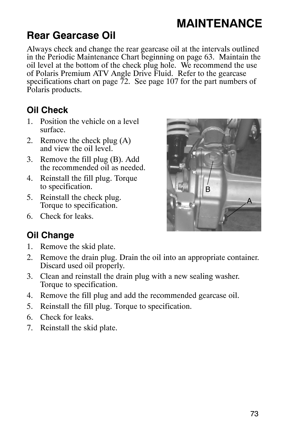 Maintenance, Rear gearcase oil | Polaris 2007 ATV Sawtooth User Manual | Page 76 / 122