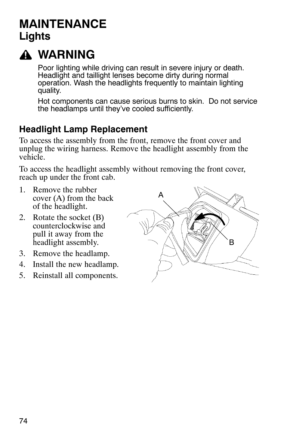Maintenance, Warning, Lights | Polaris 2007 ATV Sawtooth User Manual | Page 77 / 122