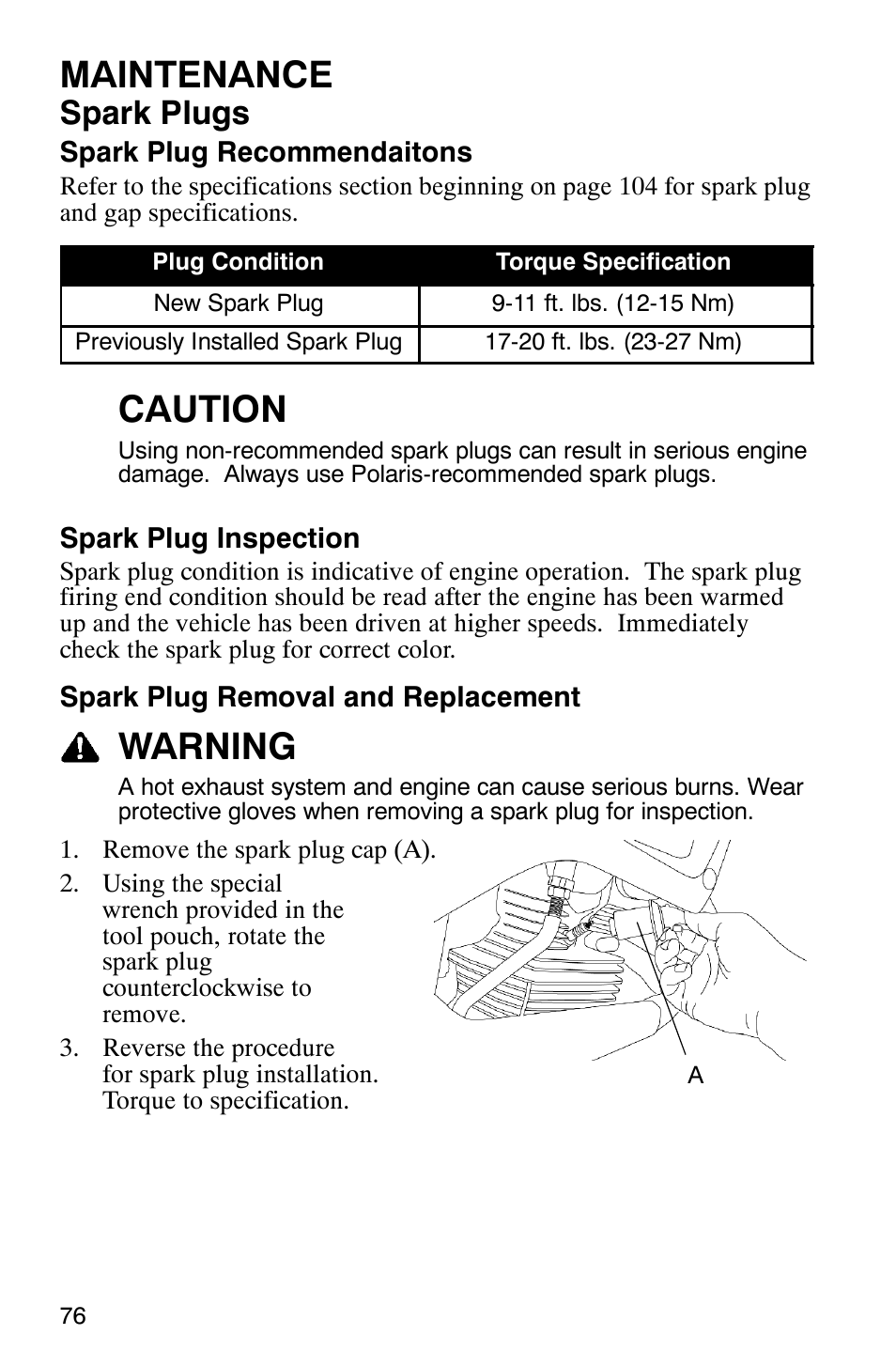 Maintenance, Caution, Warning | Spark plugs | Polaris 2007 ATV Sawtooth User Manual | Page 79 / 122