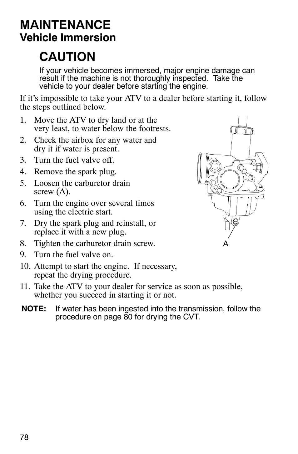 Maintenance, Caution, Vehicle immersion | Polaris 2007 ATV Sawtooth User Manual | Page 81 / 122