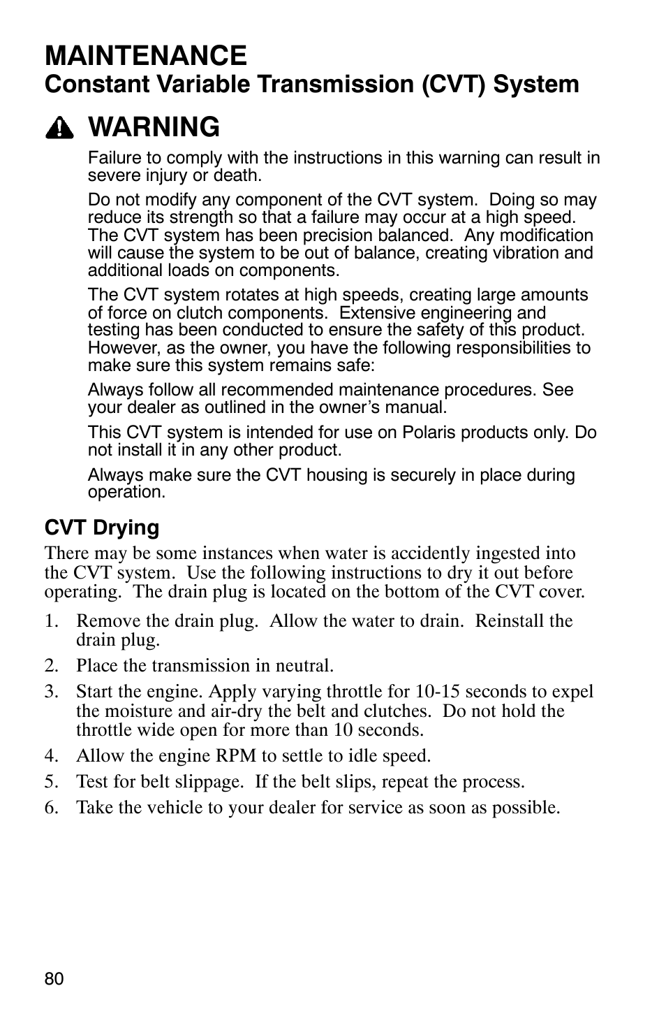 Maintenance, Warning, Constant variable transmission (cvt) system | Polaris 2007 ATV Sawtooth User Manual | Page 83 / 122