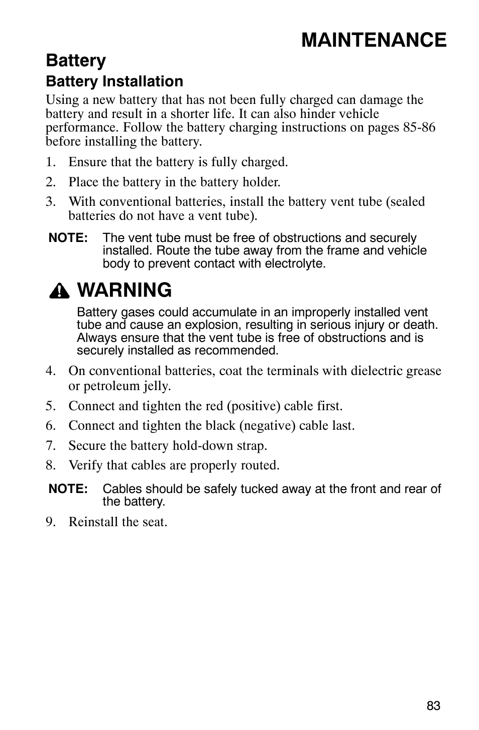 Maintenance, Warning, Battery | Polaris 2007 ATV Sawtooth User Manual | Page 86 / 122