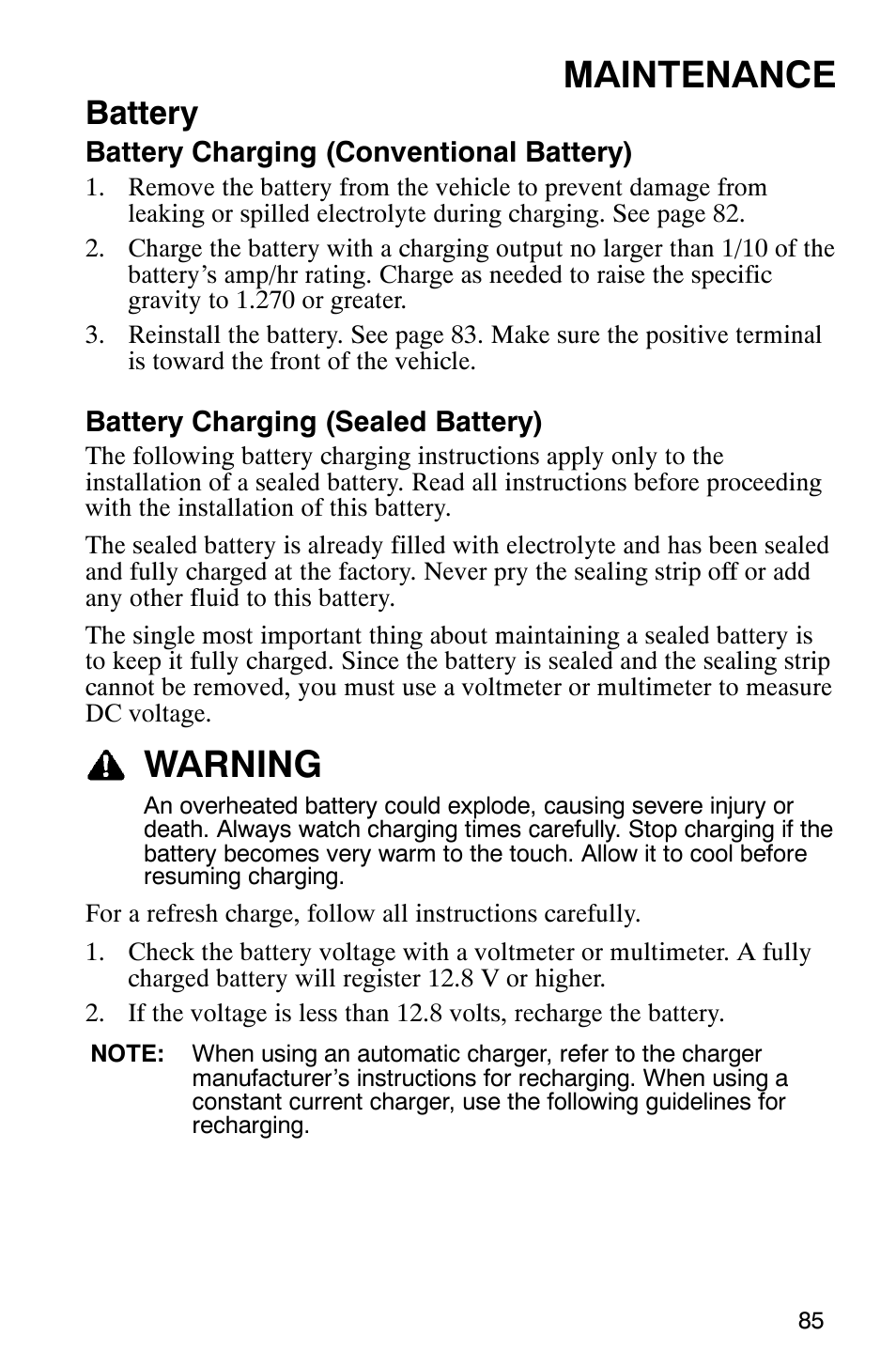 Maintenance, Warning, Battery | Polaris 2007 ATV Sawtooth User Manual | Page 88 / 122