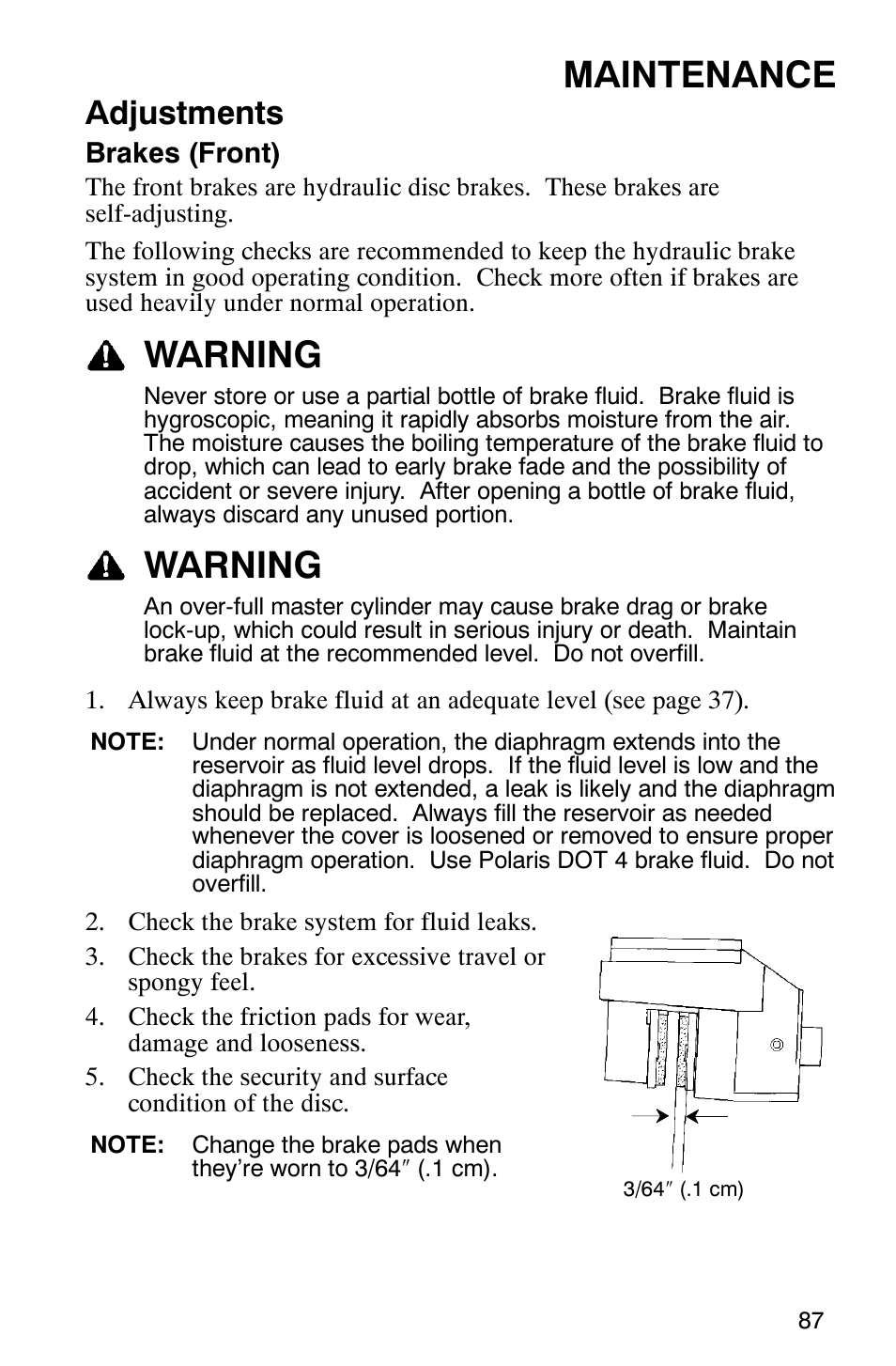 Maintenance, Warning, Adjustments | Polaris 2007 ATV Sawtooth User Manual | Page 90 / 122
