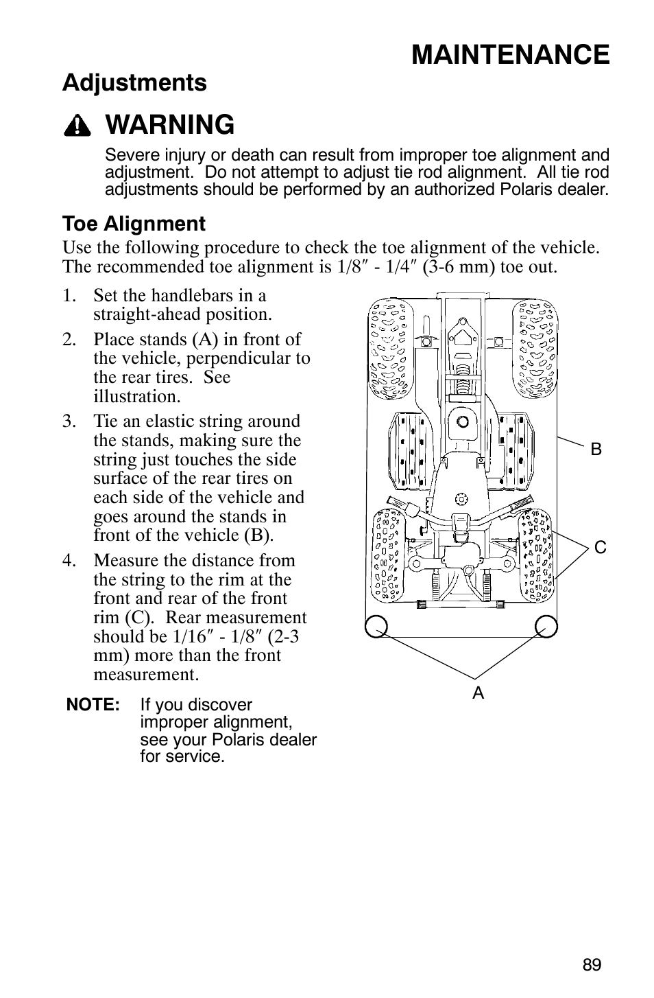 Maintenance, Warning, Adjustments | Polaris 2007 ATV Sawtooth User Manual | Page 92 / 122