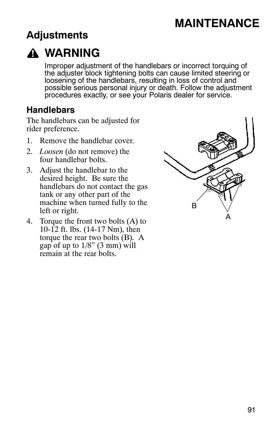Maintenance, Warning, Adjustments | Polaris 2007 ATV Sawtooth User Manual | Page 94 / 122