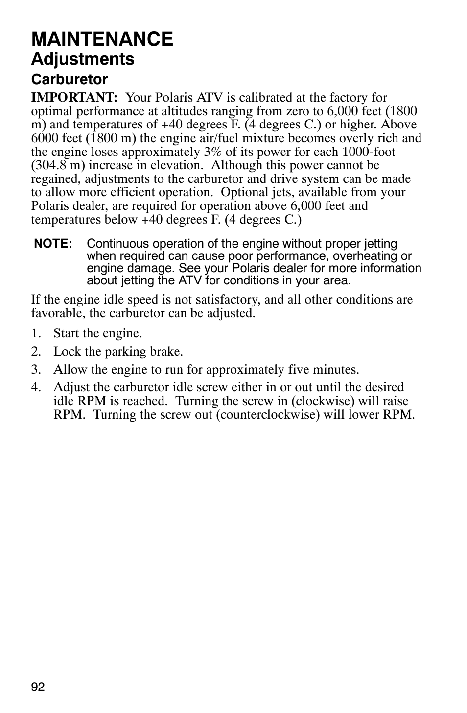 Maintenance, Adjustments | Polaris 2007 ATV Sawtooth User Manual | Page 95 / 122