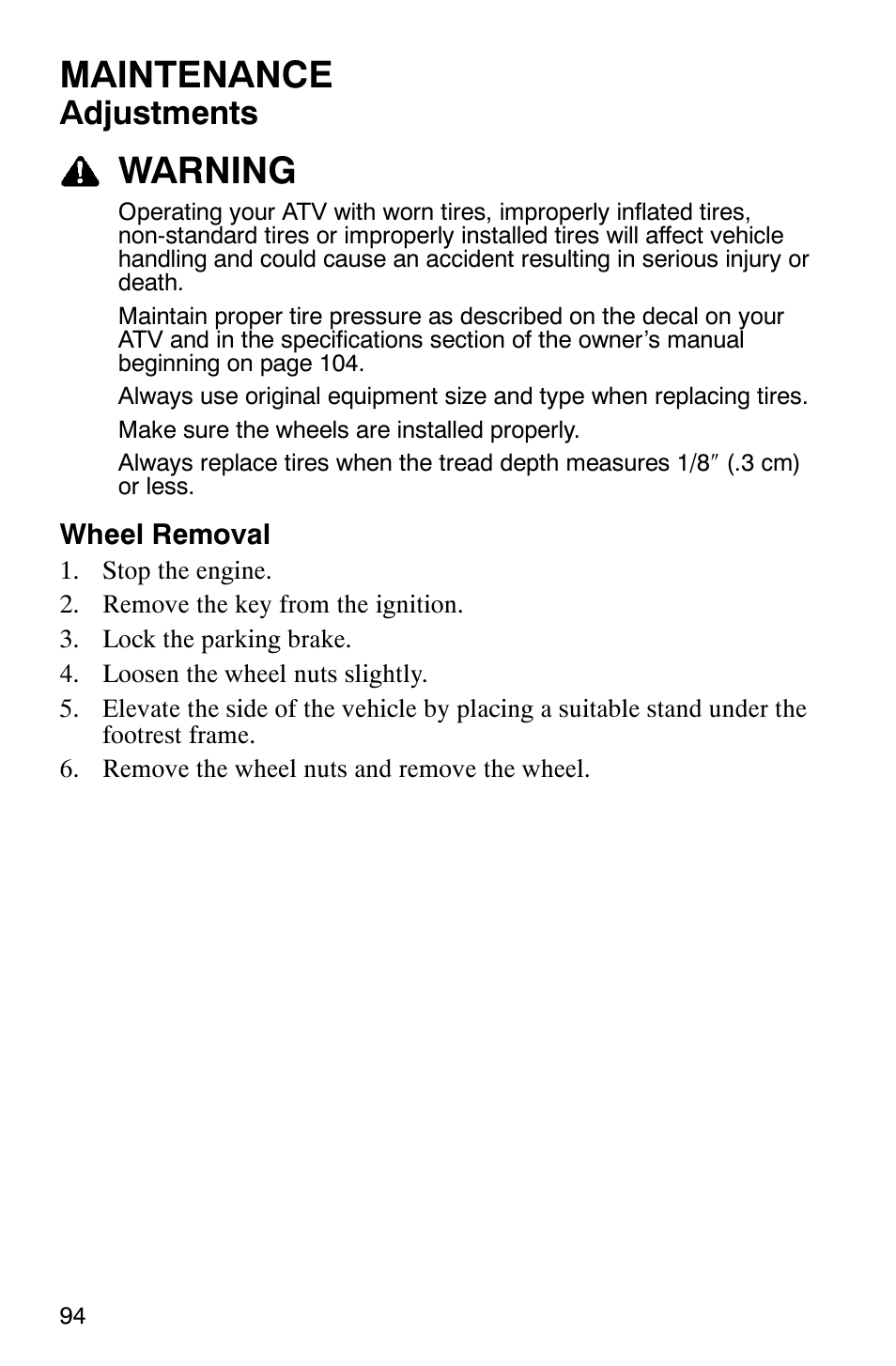 Maintenance, Warning, Adjustments | Polaris 2007 ATV Sawtooth User Manual | Page 97 / 122