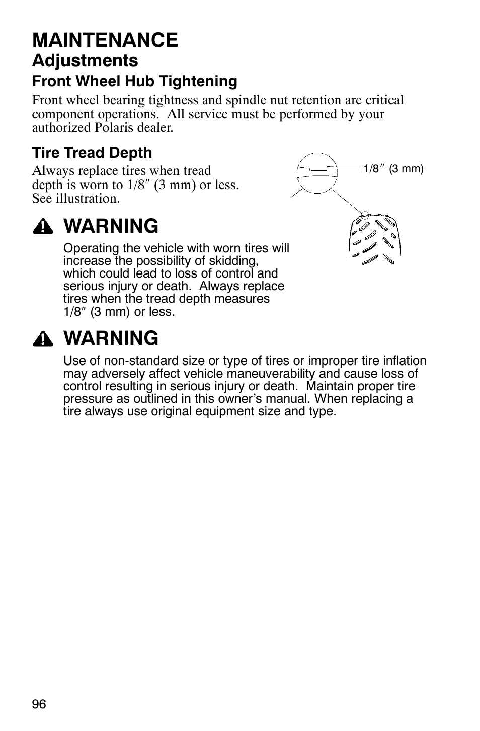 Maintenance, Warning, Adjustments | Polaris 2007 ATV Sawtooth User Manual | Page 99 / 122