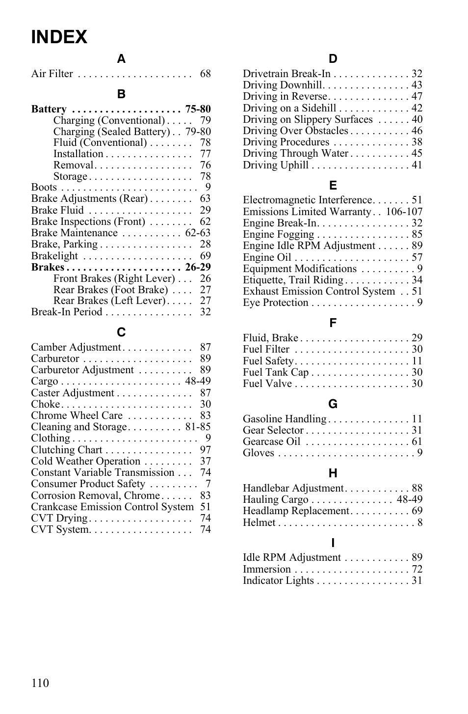 Index | Polaris 2011 ATV Phoenix 200 User Manual | Page 113 / 114