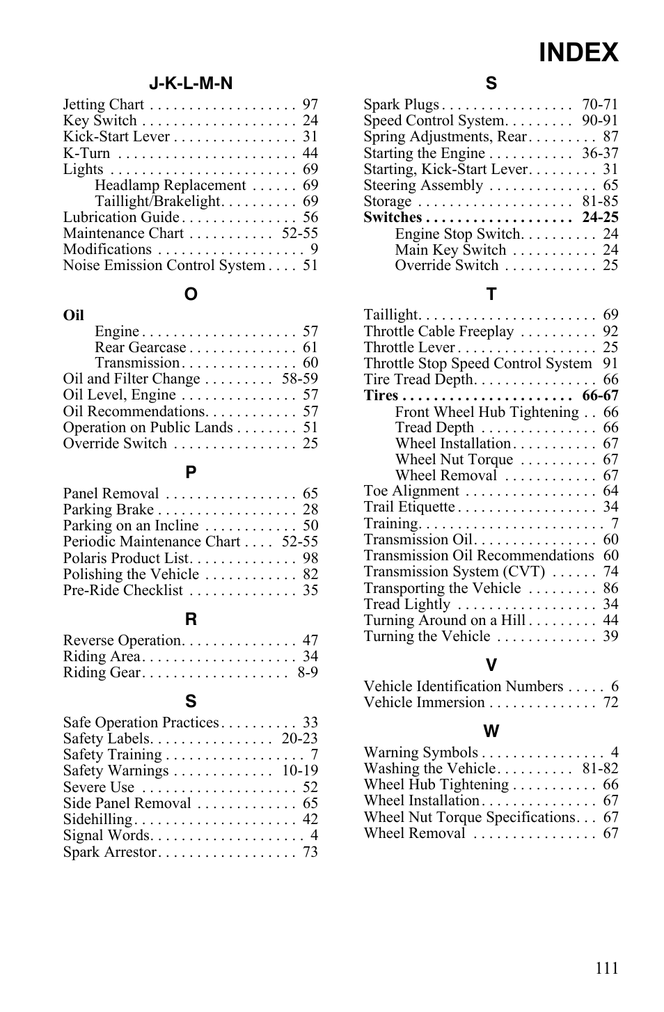 Index | Polaris 2011 ATV Phoenix 200 User Manual | Page 114 / 114