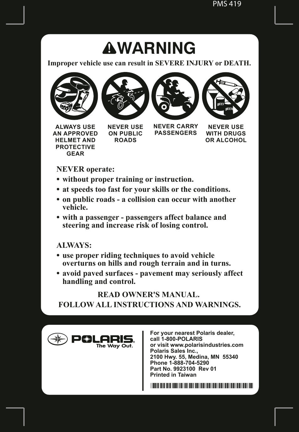 Warning, Pms 419 | Polaris 2011 ATV Phoenix 200 User Manual | Page 3 / 114