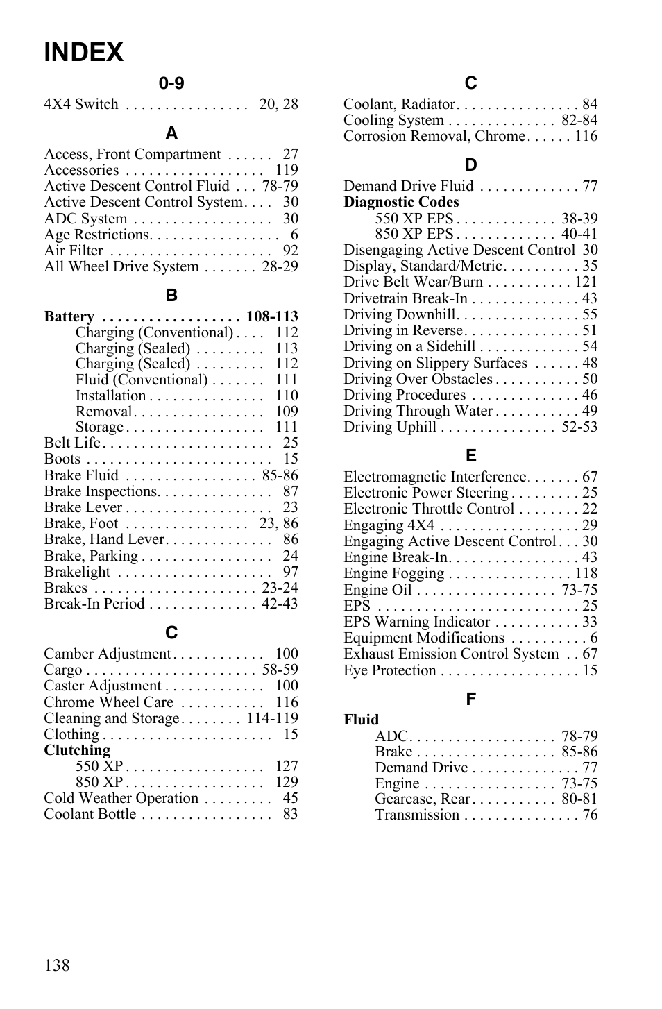 Index | Polaris 2011 ATV Sportsman Forest 550 User Manual | Page 140 / 142