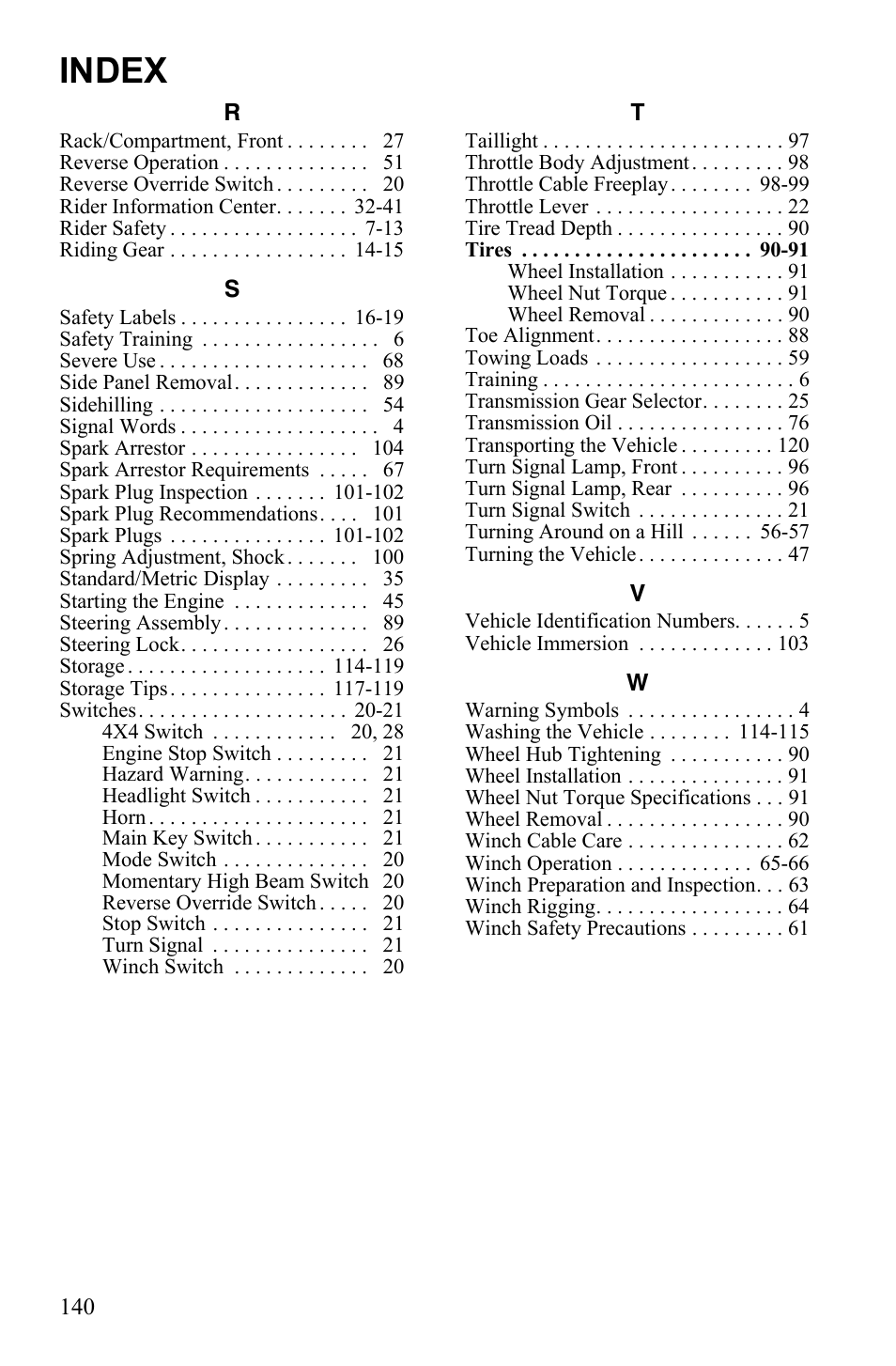 Index | Polaris 2011 ATV Sportsman Forest 550 User Manual | Page 142 / 142