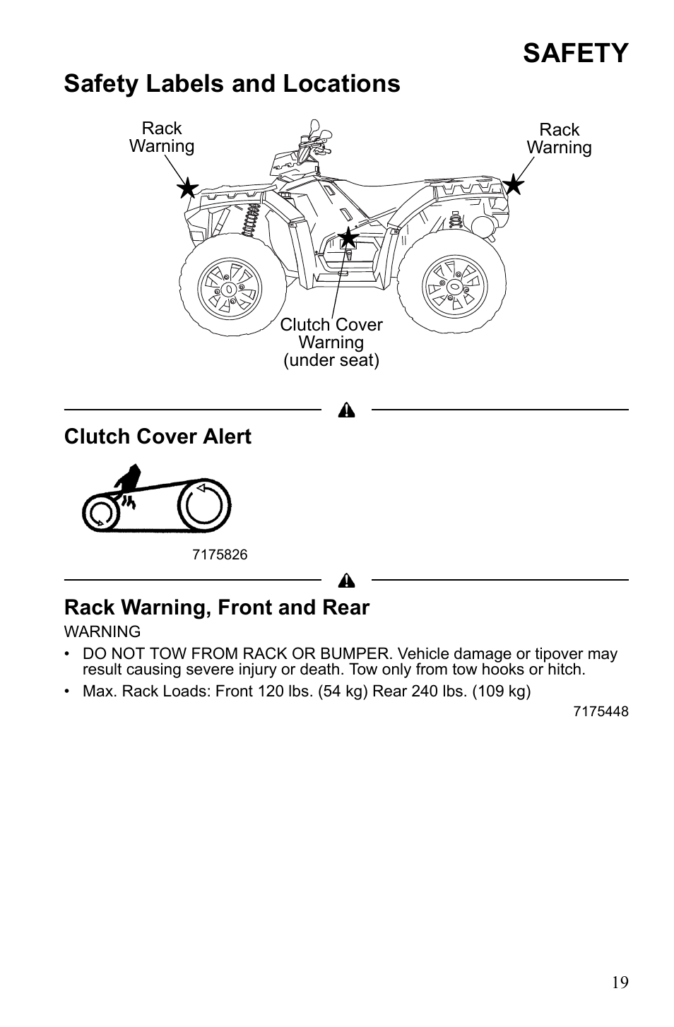 Safety, Safety labels and locations | Polaris 2011 ATV Sportsman Forest 550 User Manual | Page 21 / 142